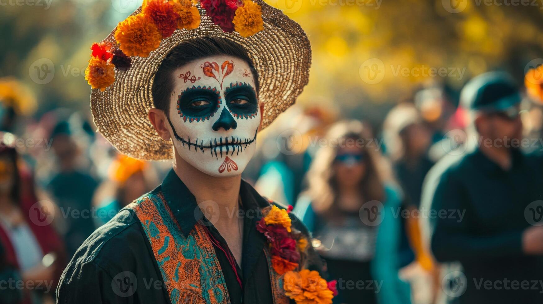 Portrait of a Man with Day of the Dead Makeup and Flowers photo