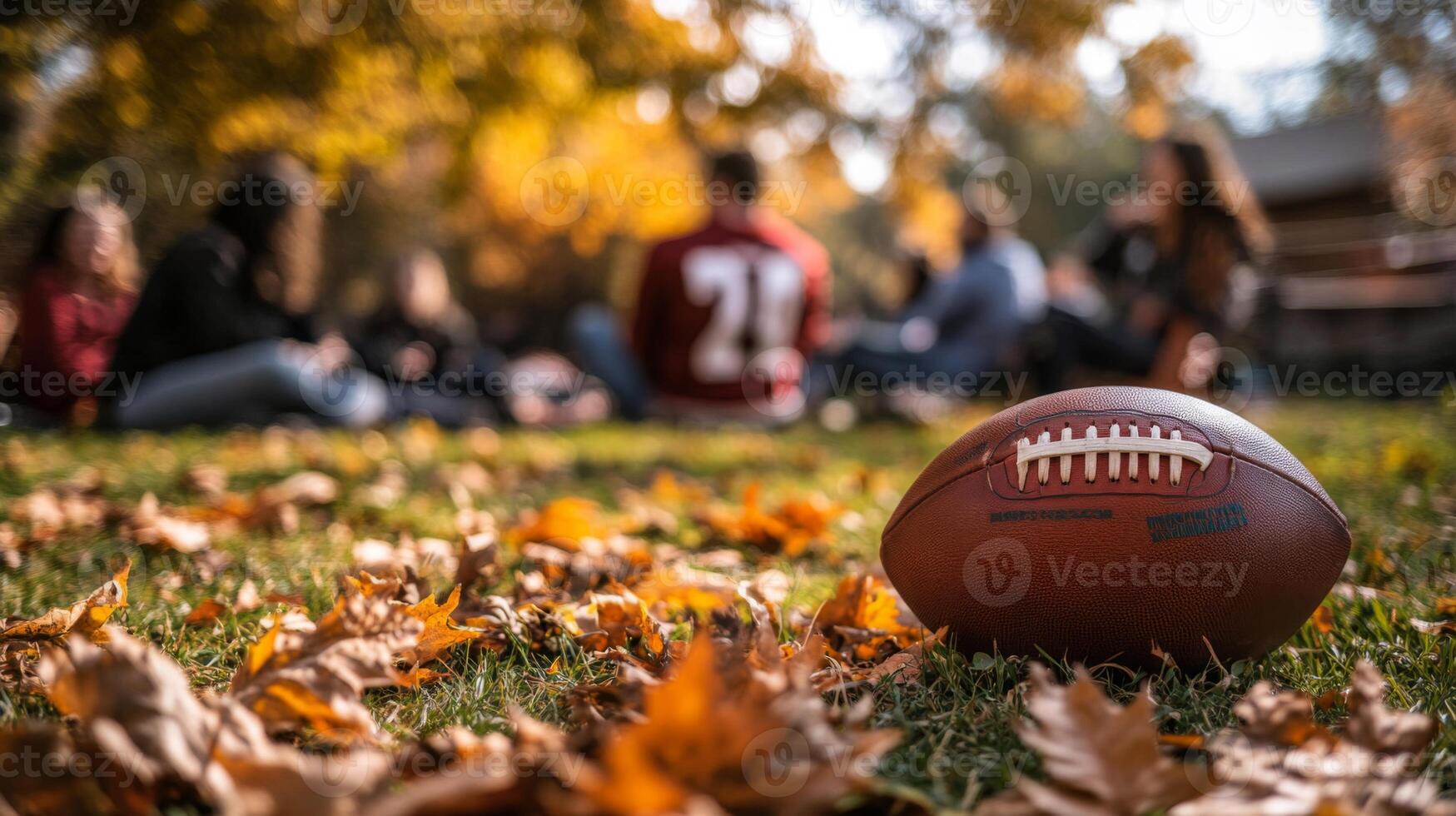 A football rests among fallen autumn leaves in a grassy park. photo