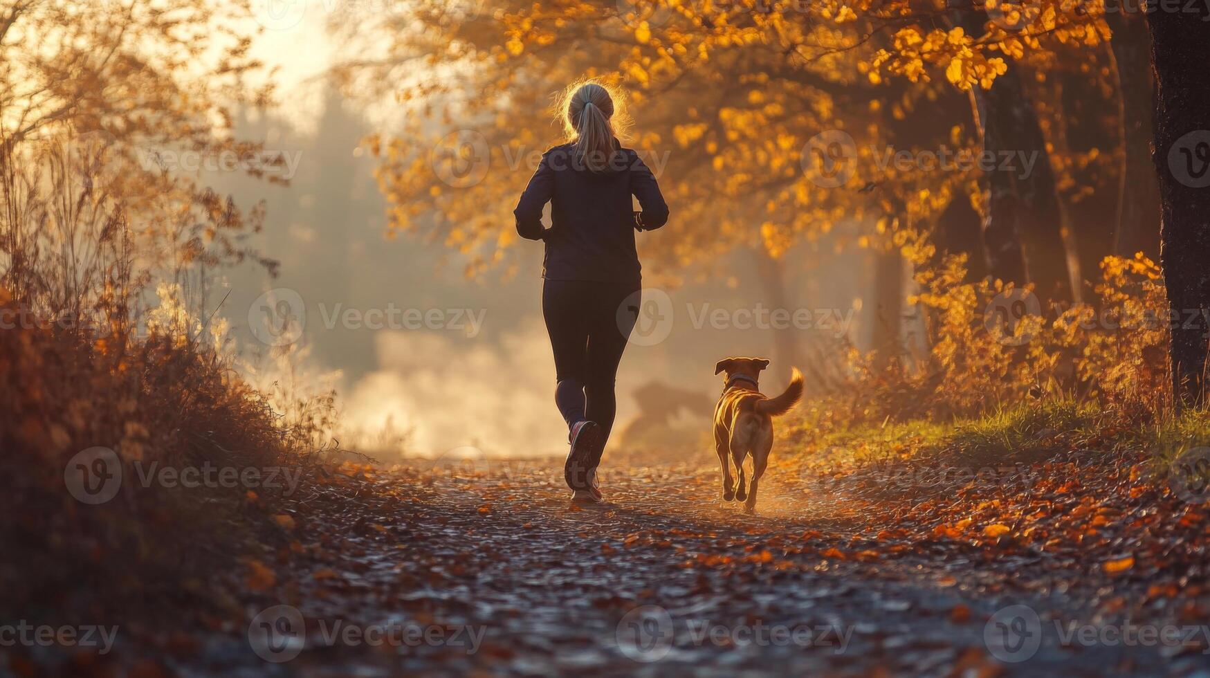 Woman and Dog Running on a Path in Autumn Forest photo