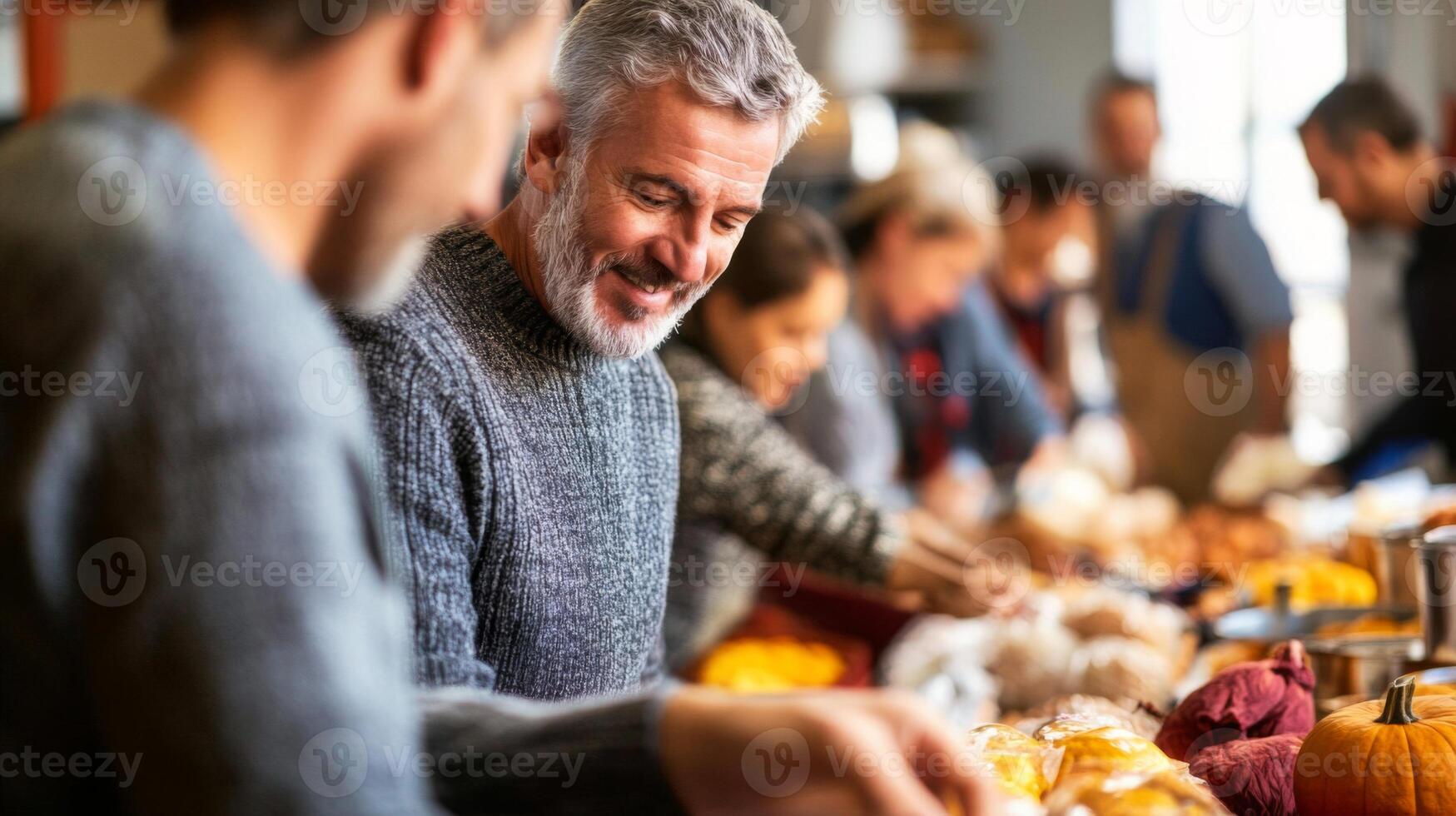 A man with a grey beard smiling, looking at a table full of pumpkins and baked goods photo