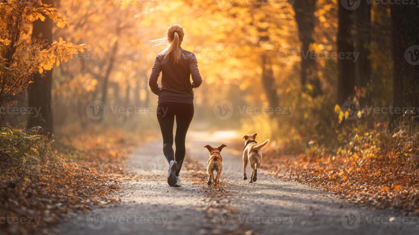 Woman Running with Two Dogs on a Path Through an Autumn Forest photo
