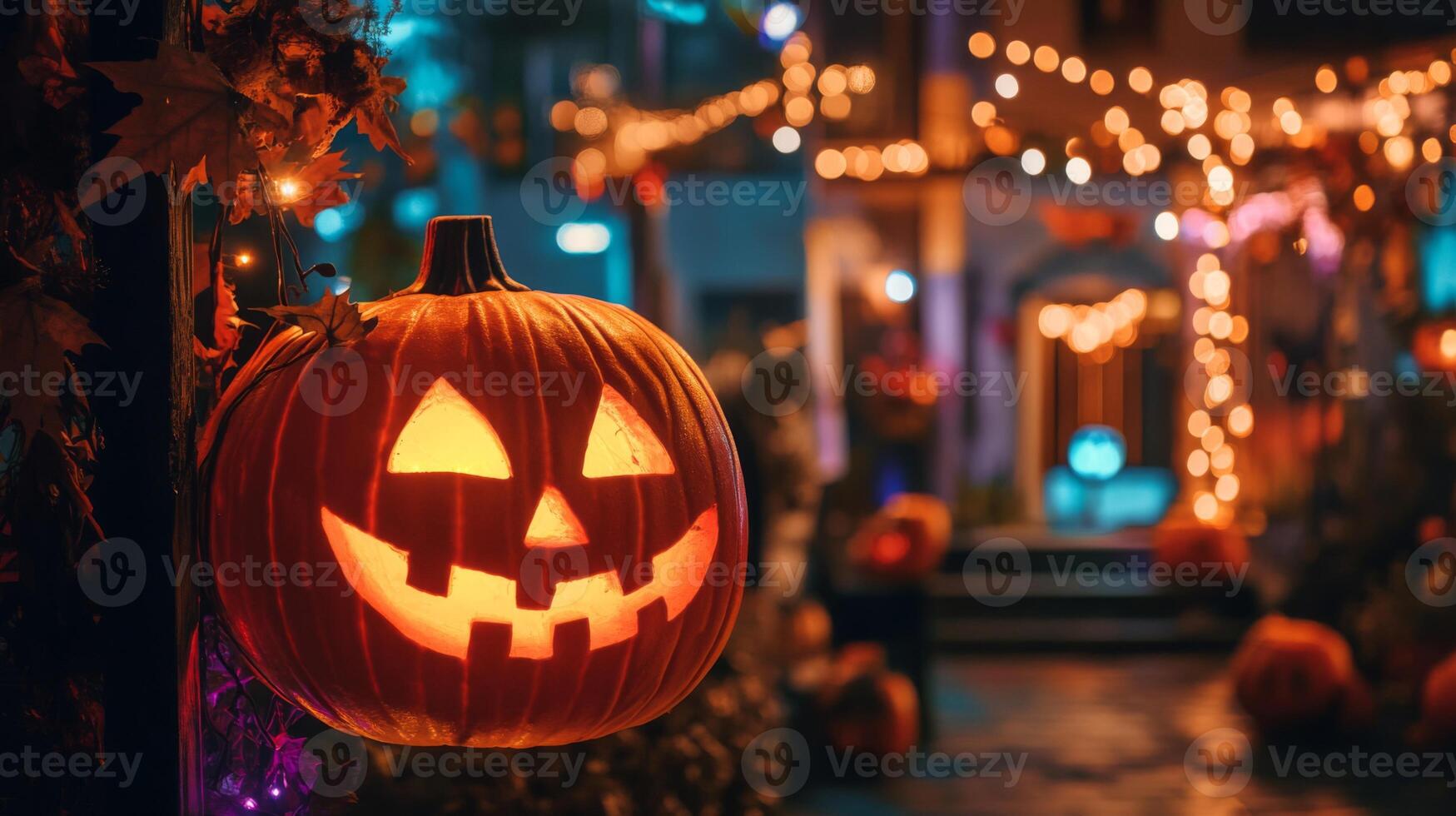 Glowing Jack-o'-lantern with a Festive Background of Bokeh Lights photo
