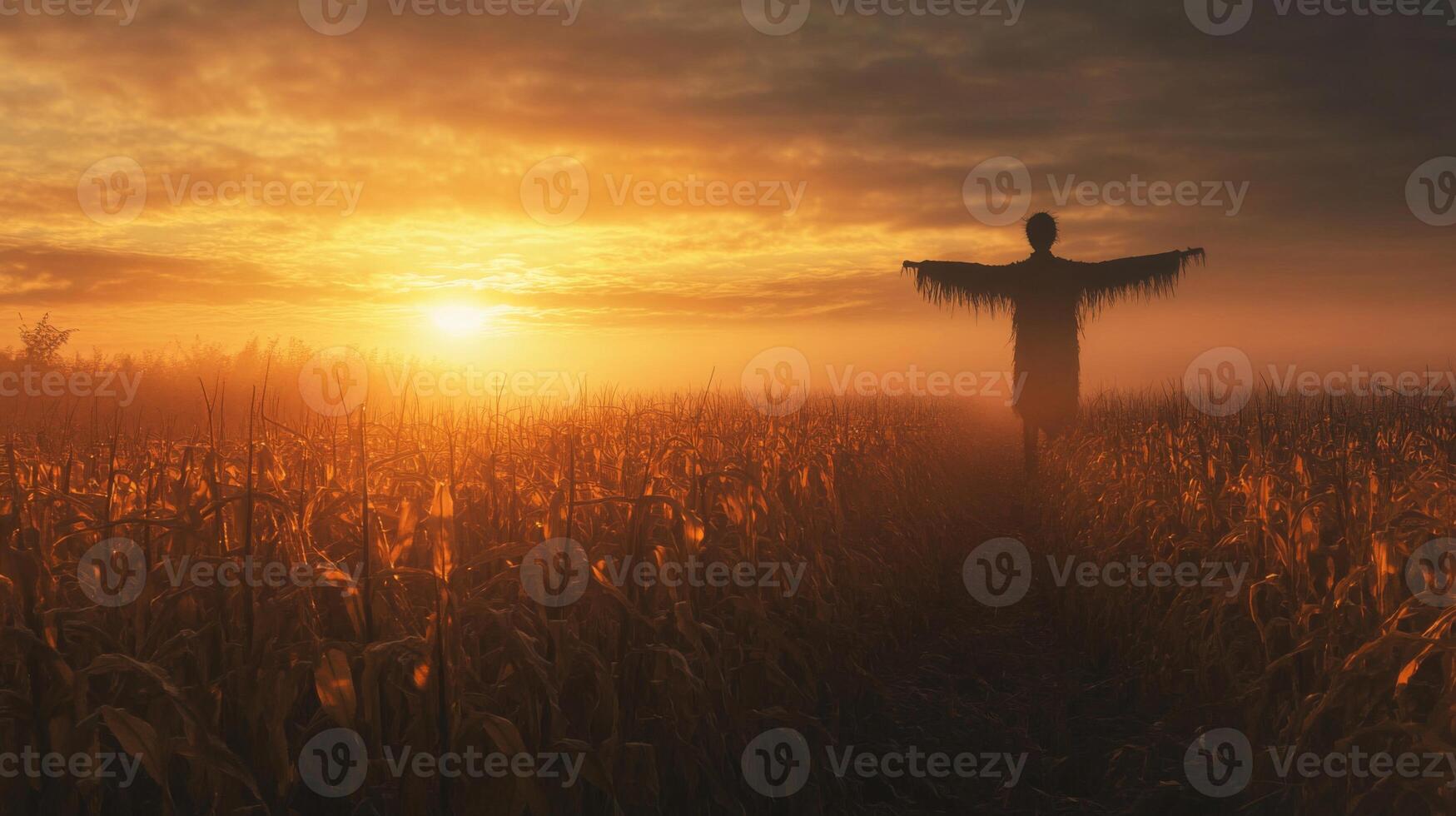 Silhouette of a Scarecrow Standing in a Foggy Cornfield at Sunset photo