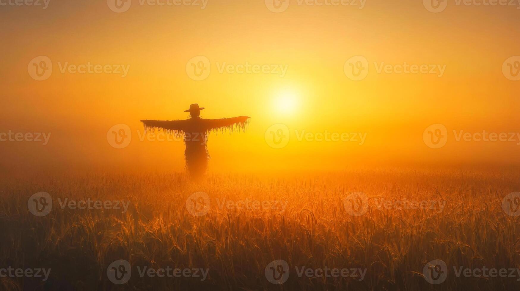 A Silhouetted Scarecrow Standing in a Misty Field at Sunset photo
