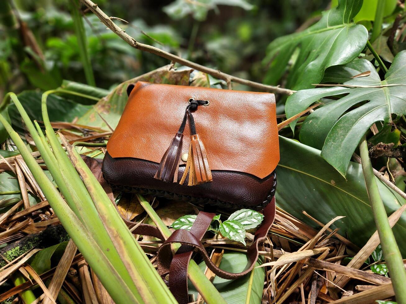 A brown and black purse sitting on top of some leaves photo