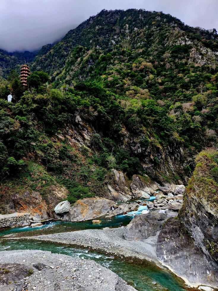 A river flowing through a rocky mountain side photo