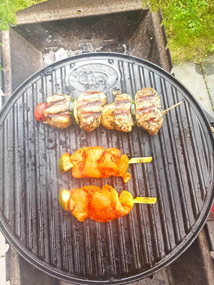 Grilling assorted meat skewers outdoors in a backyard setting on a sunny afternoon photo