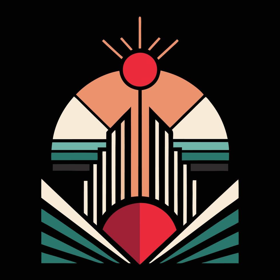 The sun is shining over a building in this art deco style logo vector