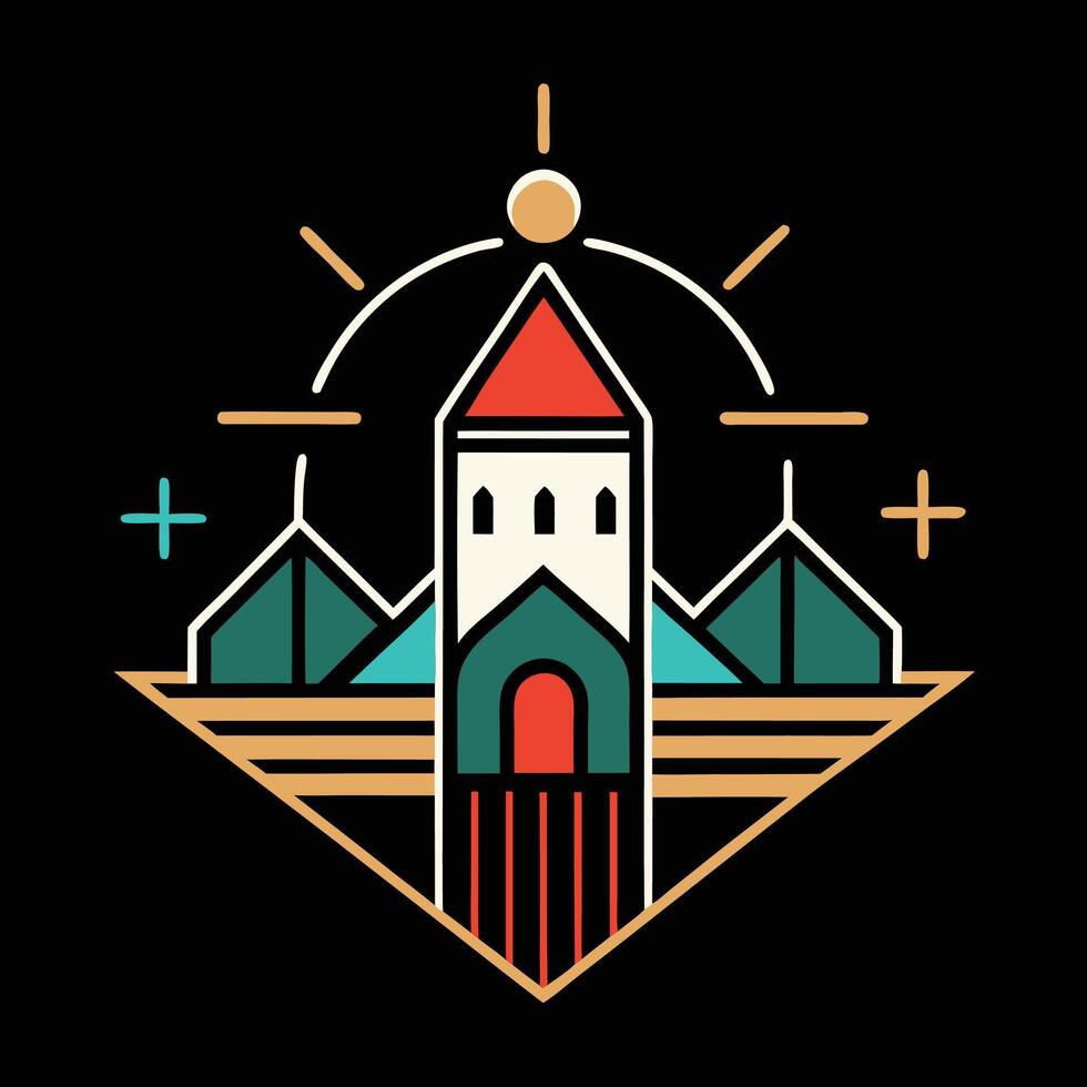 A logo for a church with a tower and a cross vector