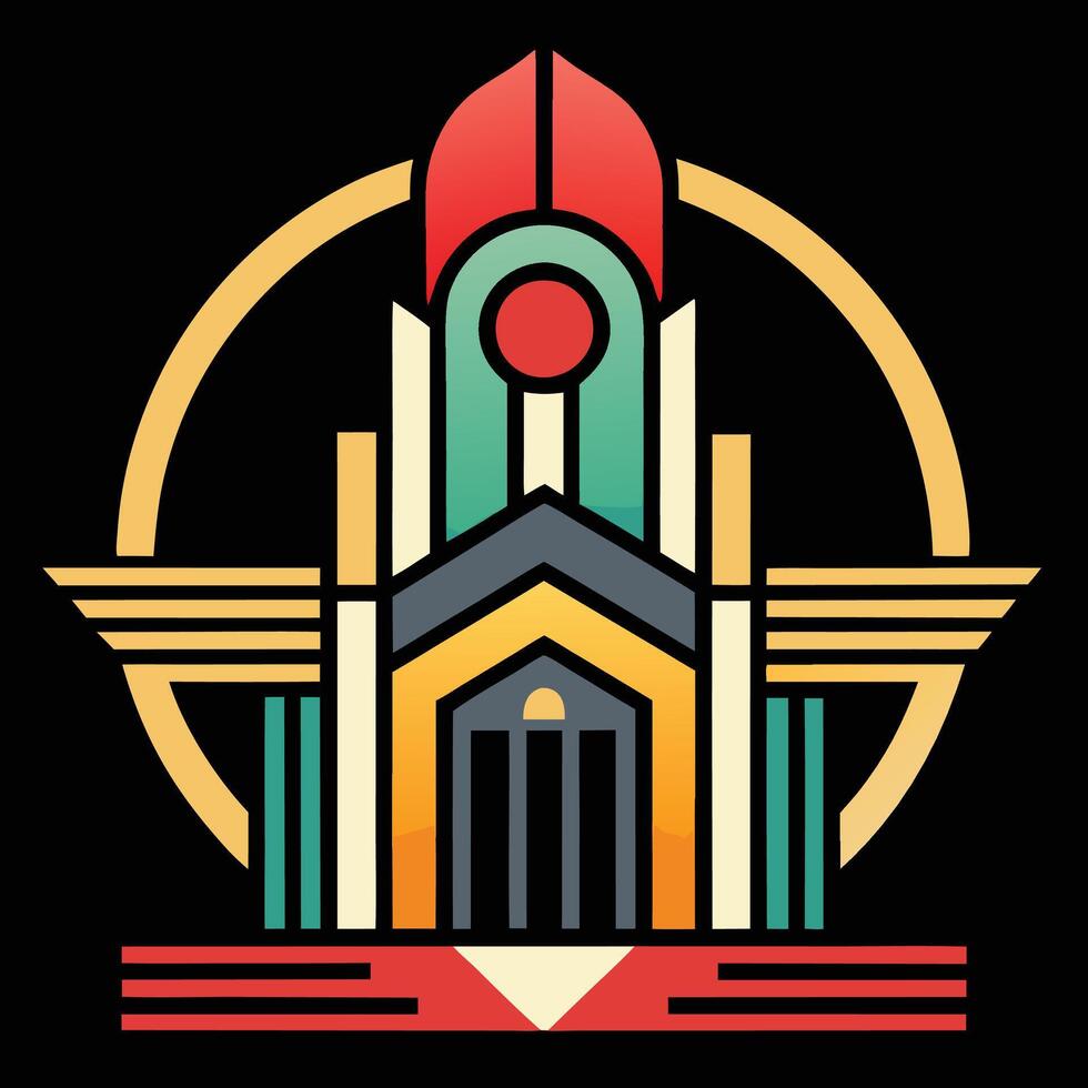 Art deco style building with red and yellow colors vector