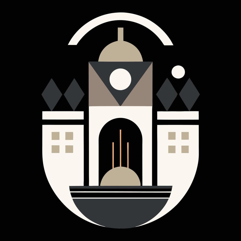 A black and white logo with a castle in the center vector