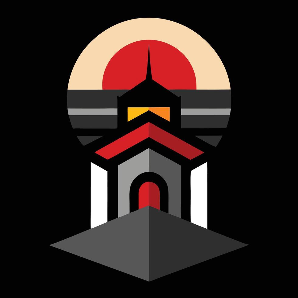 A red and black lighthouse with a sun in the background vector