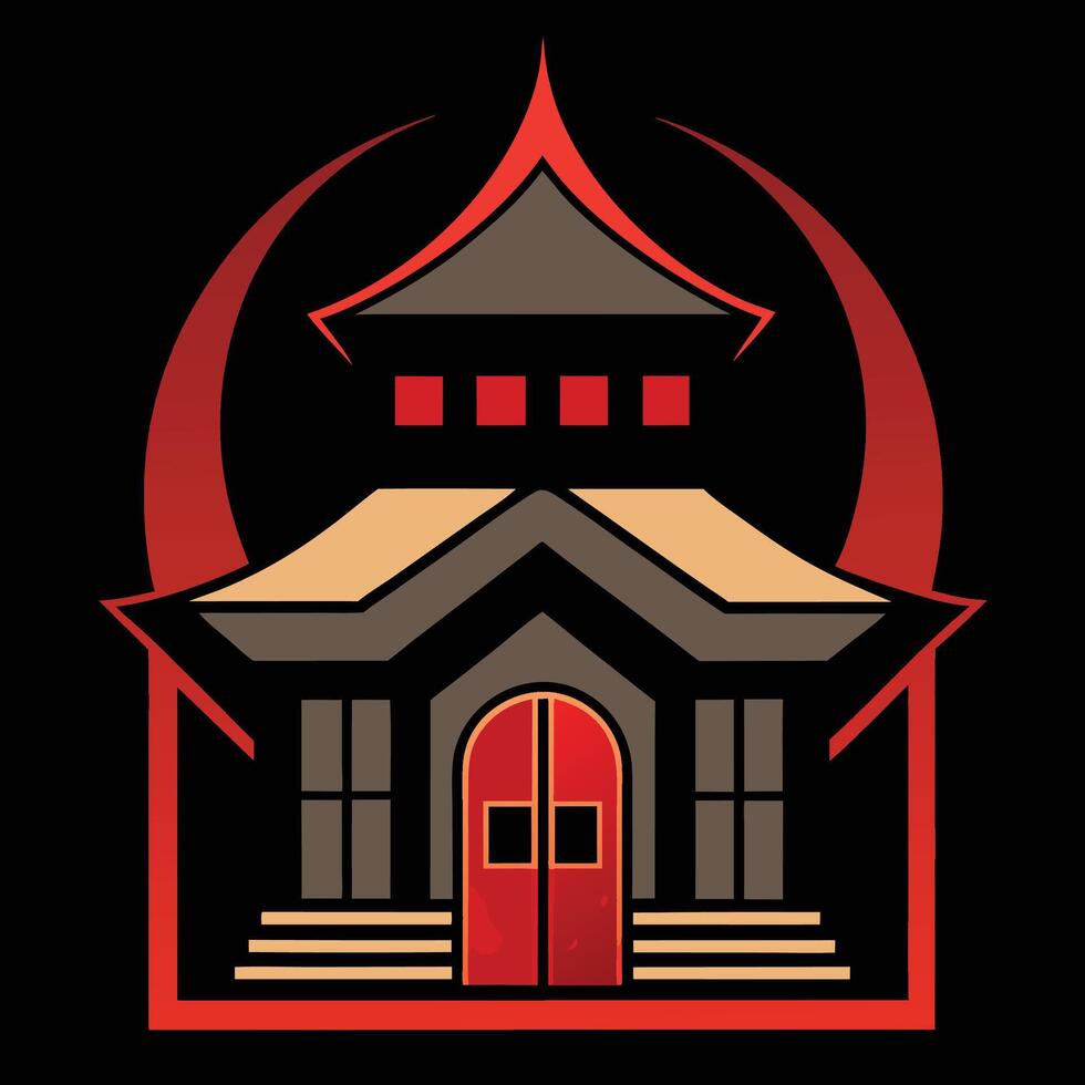 A red and black logo with a building vector