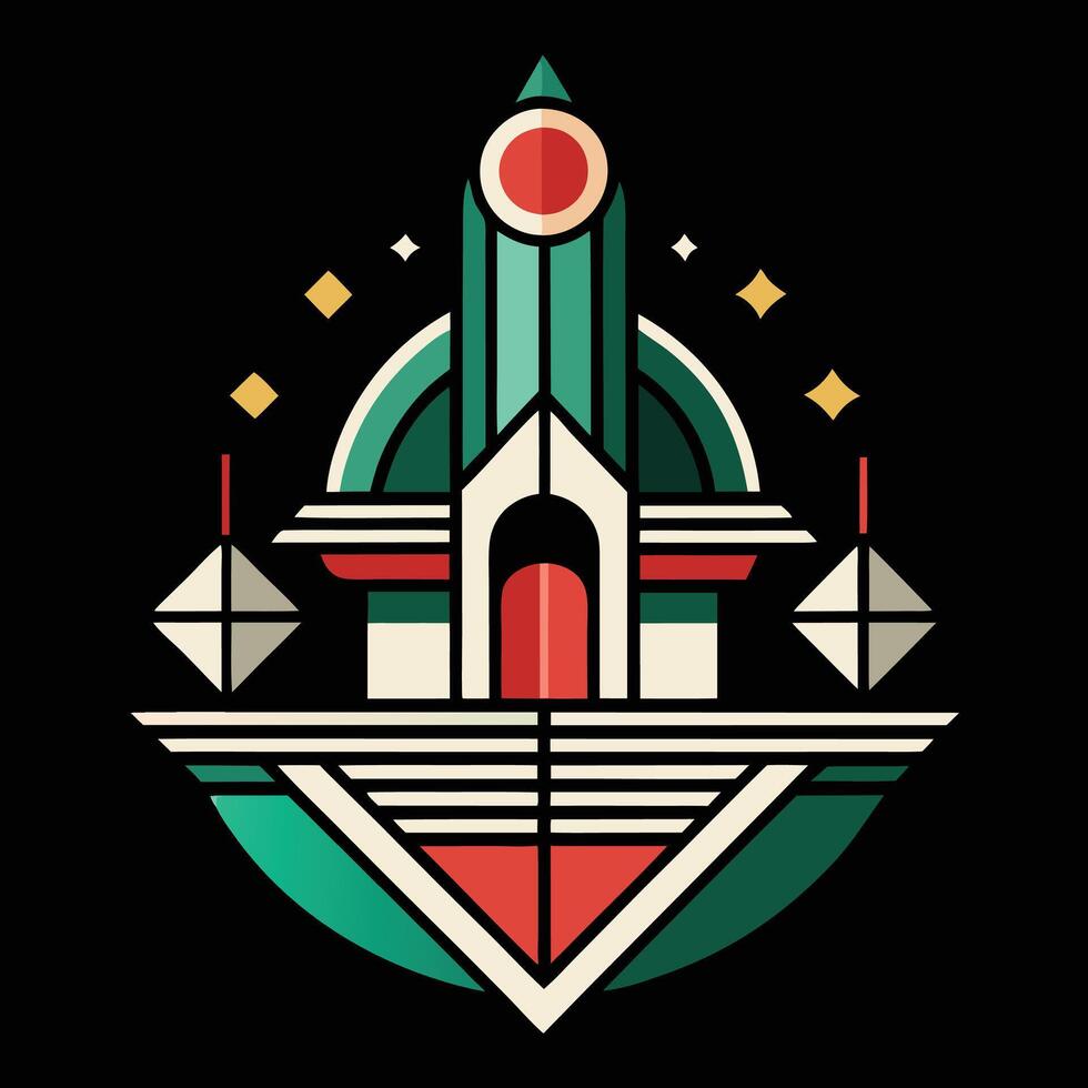 A logo for a building with a rocket on top vector