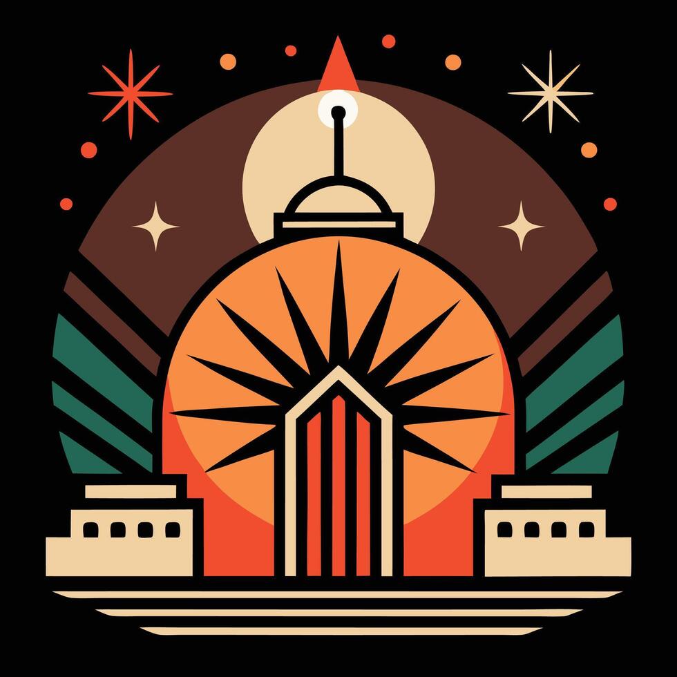 A logo for a building with a clock and stars vector
