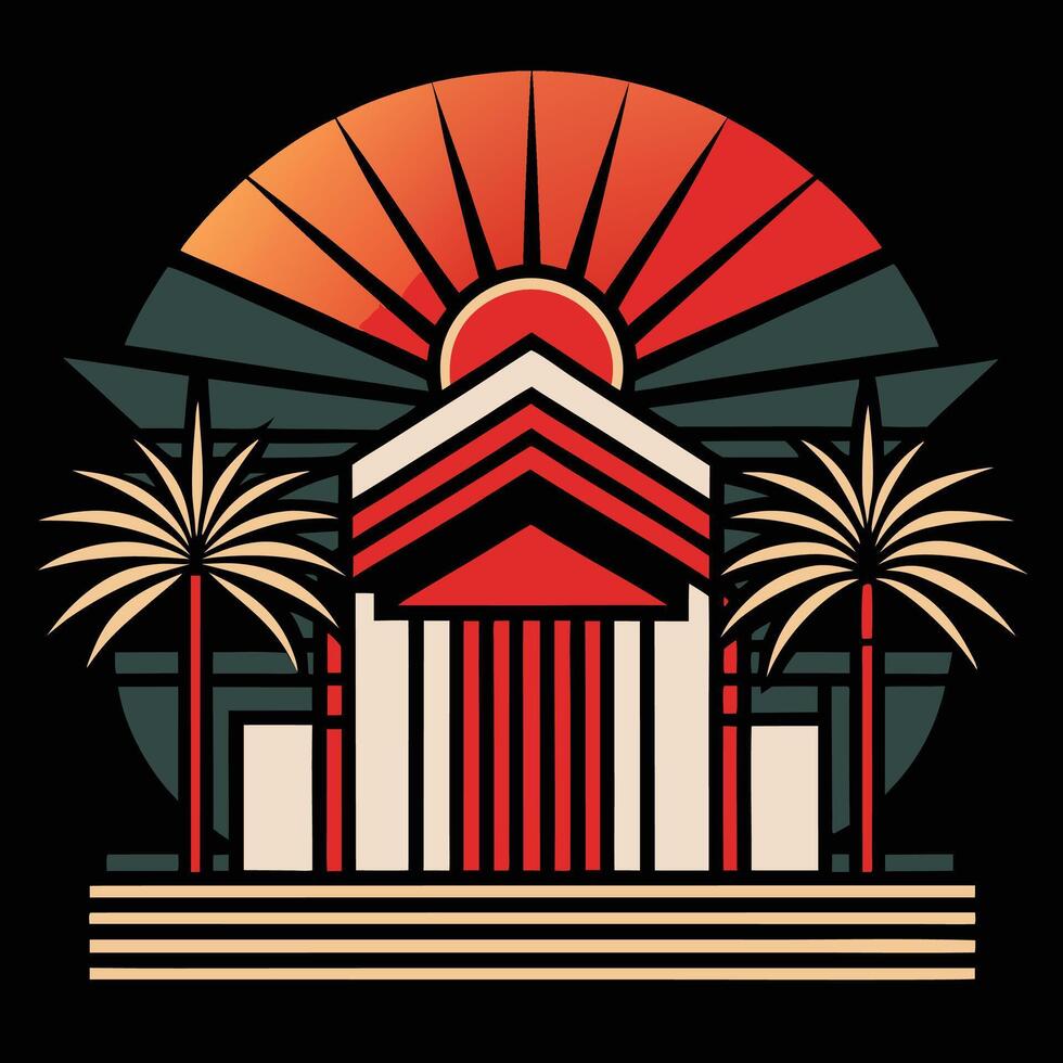 A logo for a building with palm trees and a sun vector