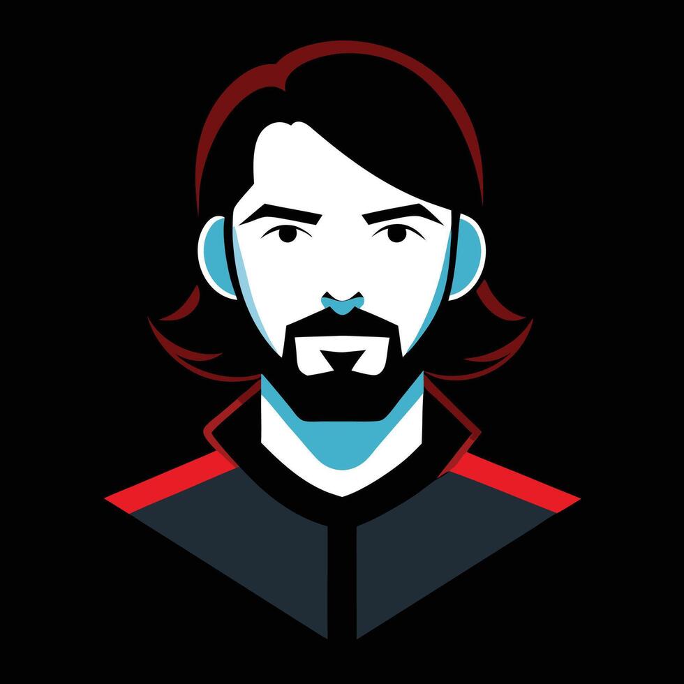 A man with long hair and beard in a black and red shirt vector