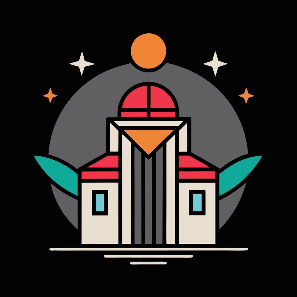 A building with a red roof and a sun in the background vector