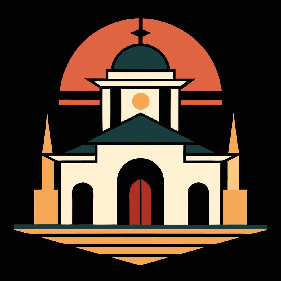 An illustration of a church with a sun in the background vector
