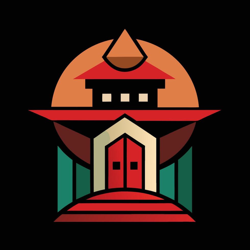 A red door and a building with a red roof vector