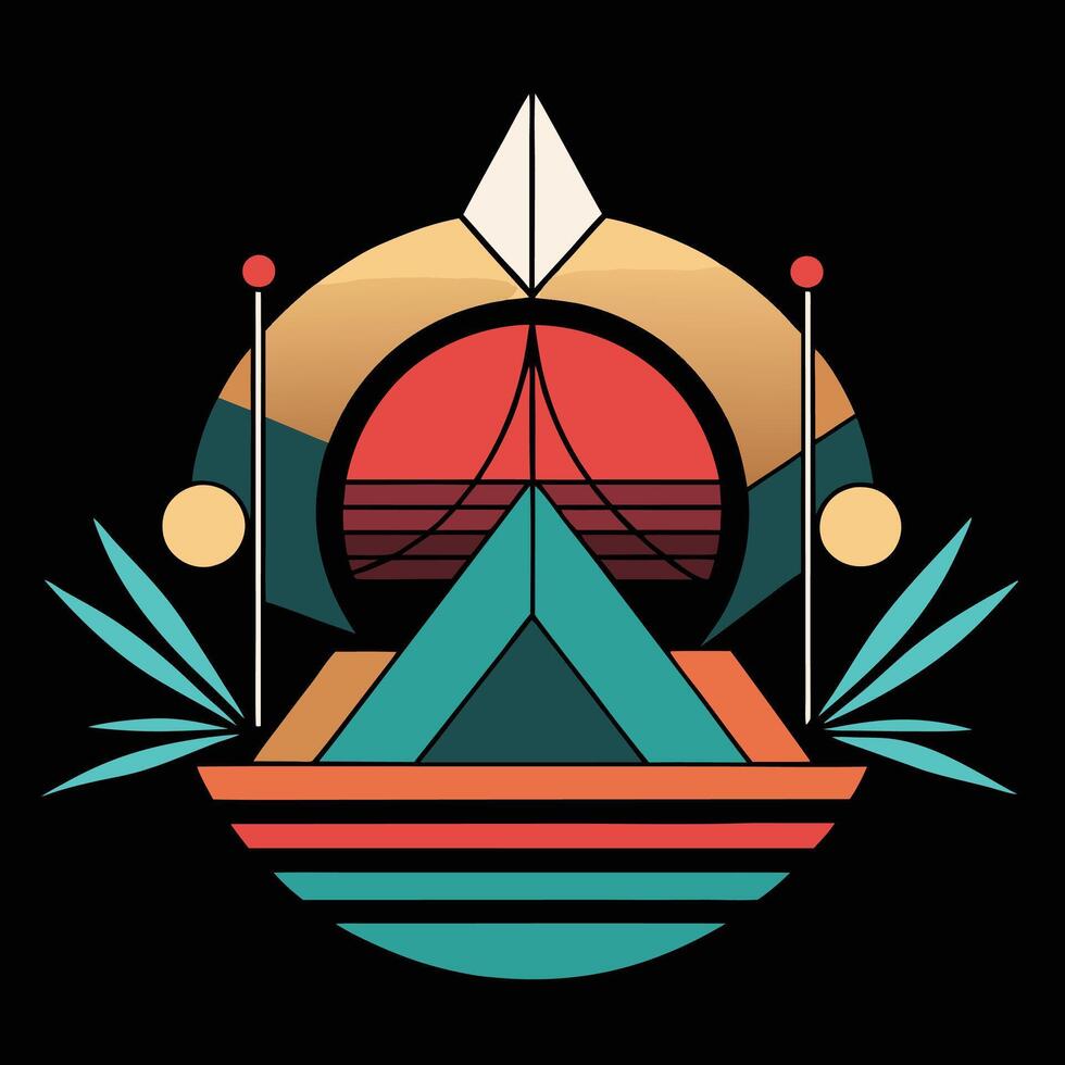 A colorful logo with a boat and palm trees vector