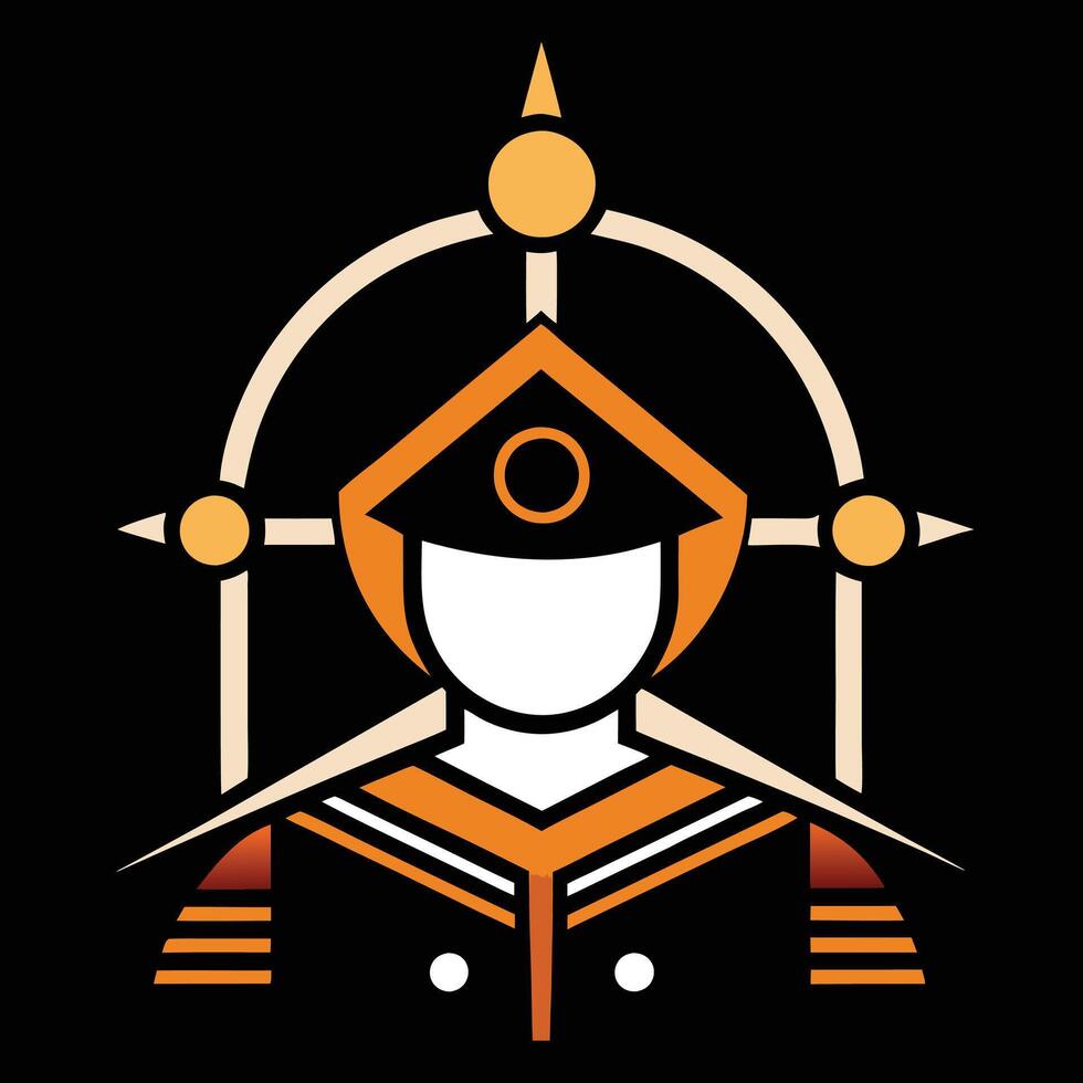 A black and orange logo with a man in a uniform vector
