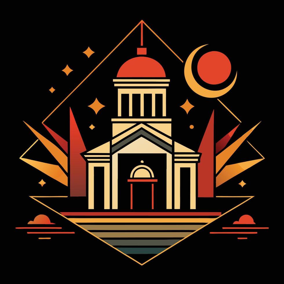 A church with a tower and a moon in the background vector