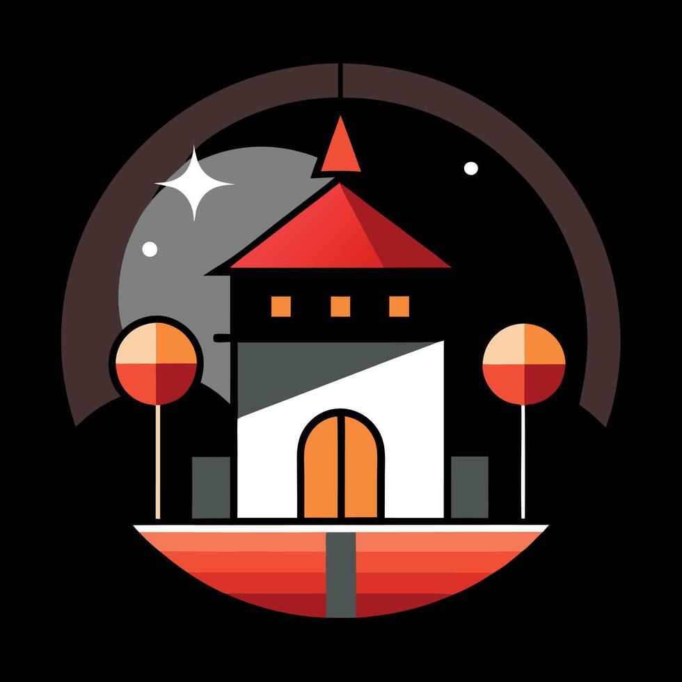 A flat design of a castle with a moon and stars vector