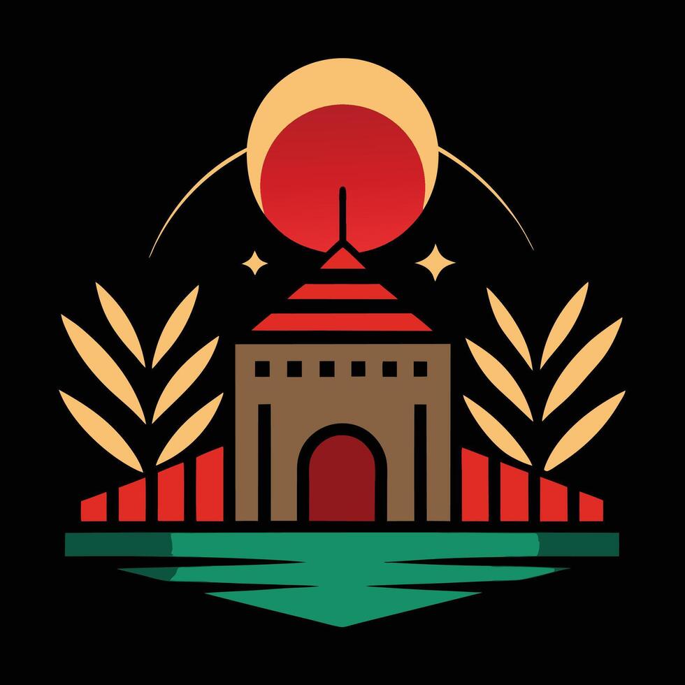 A red and orange building with a sun in the background vector