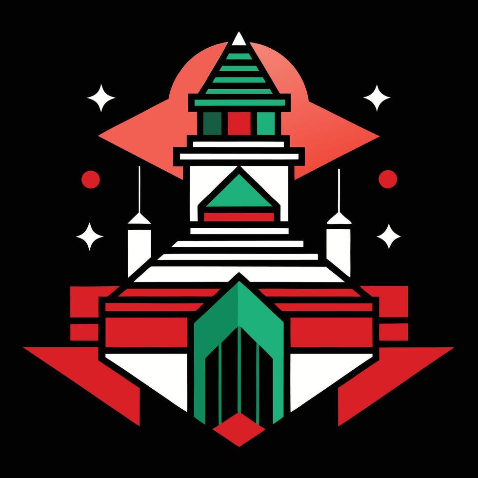A red and green building with a clock on top vector
