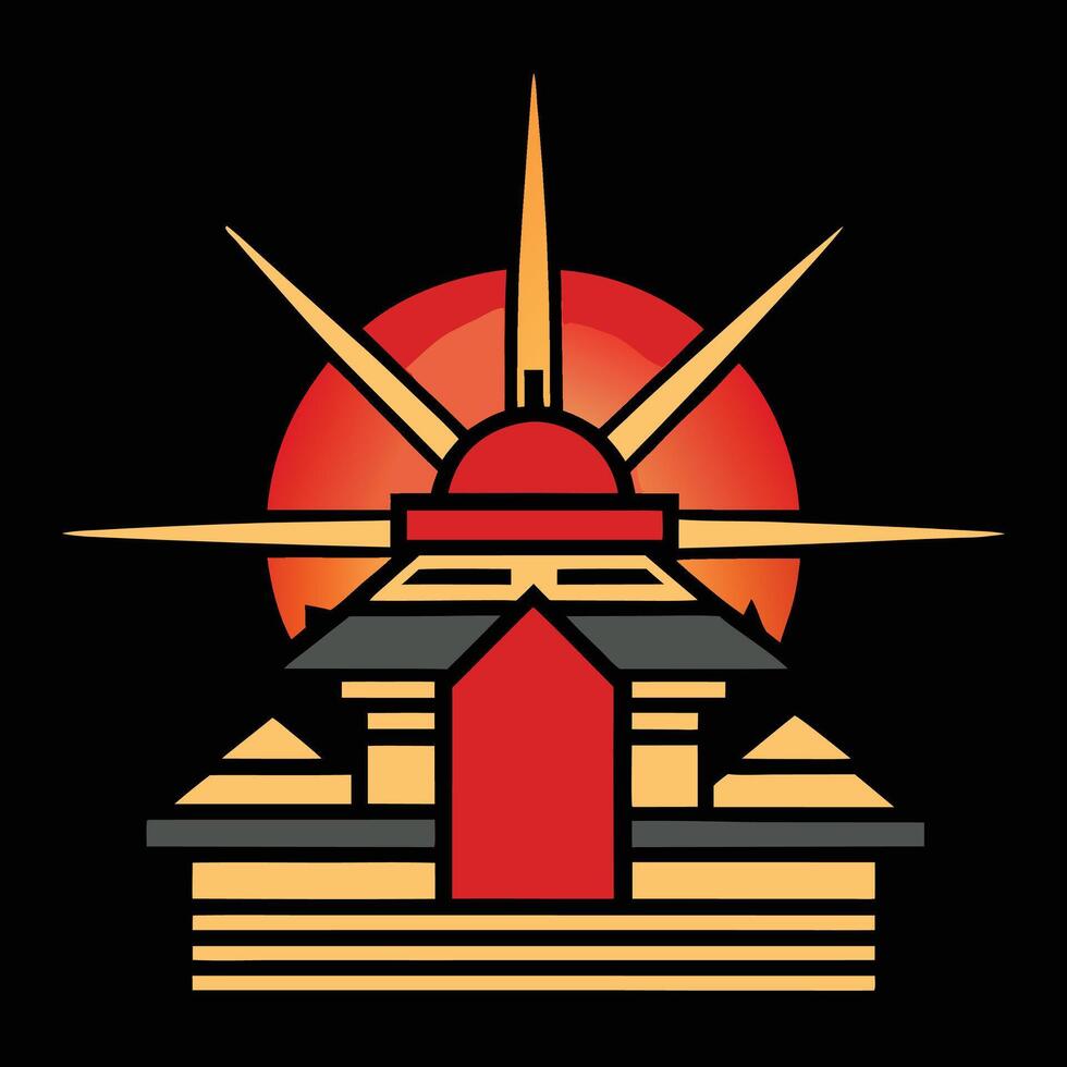 A red and yellow building with a sun in the background vector