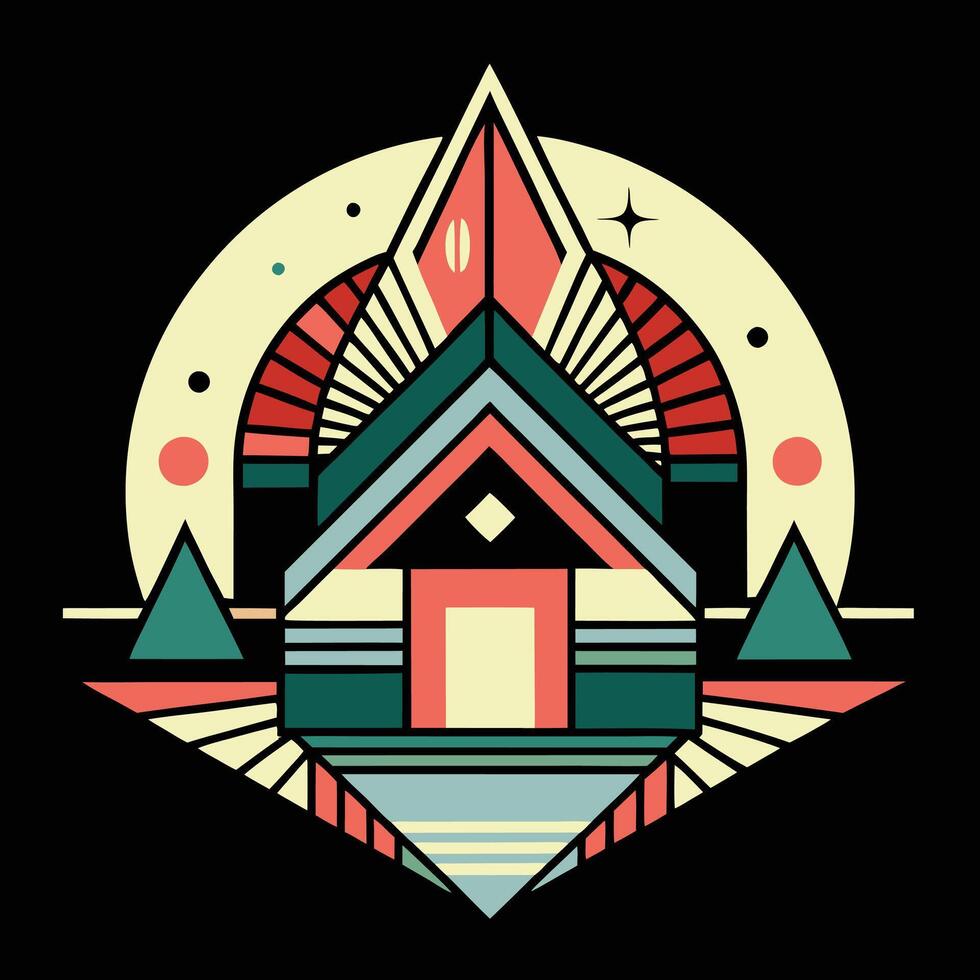 A colorful geometric design with a house in the center vector