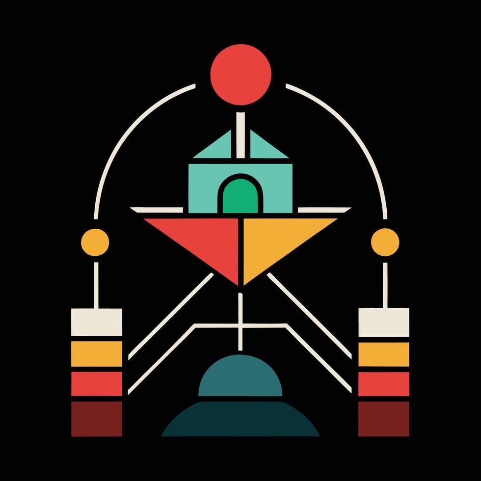 A colorful illustration of a building with a red ball vector