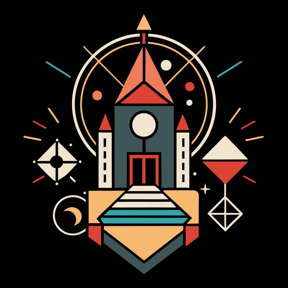 A castle with a clock and other symbols vector
