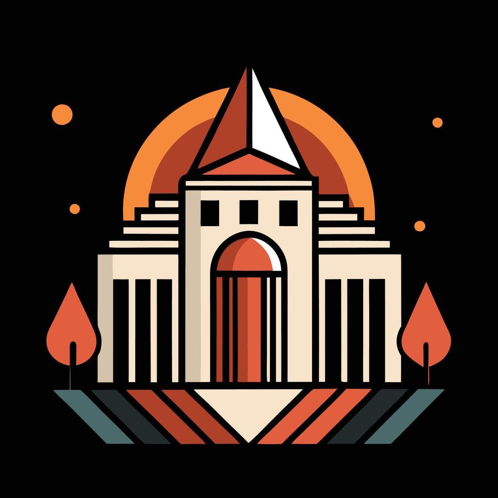 A building with a tower and a sun in the background vector