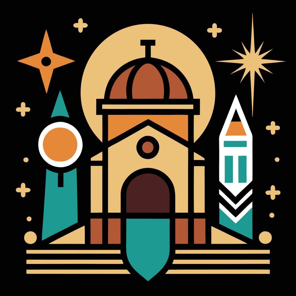 A church with a tower and a rocket vector