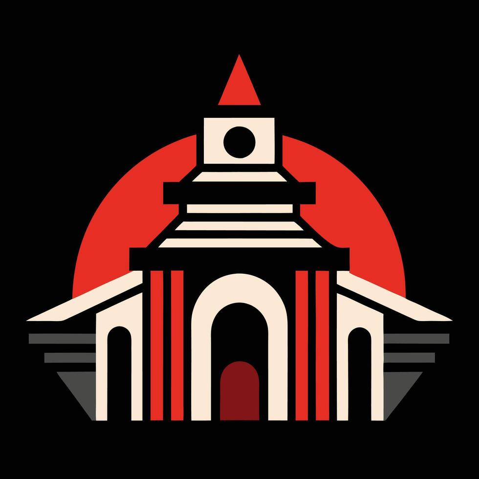 A red and black building with a clock tower vector