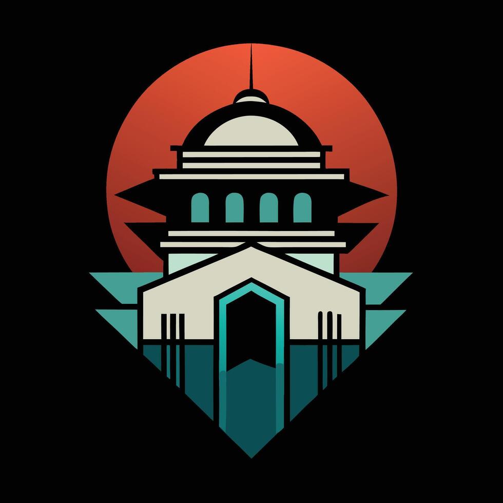 The logo for a building with a red sun in the background vector
