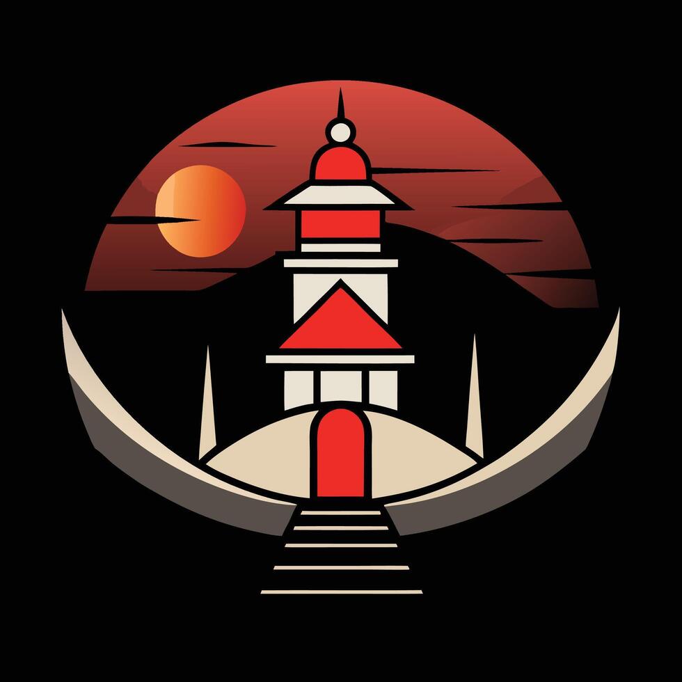 A red and white lighthouse with a red sun in the background vector