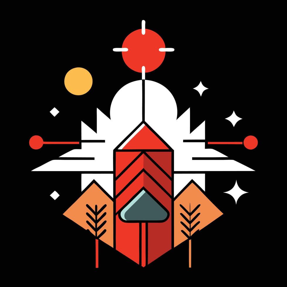 A red and black logo with a mountain and a sun vector