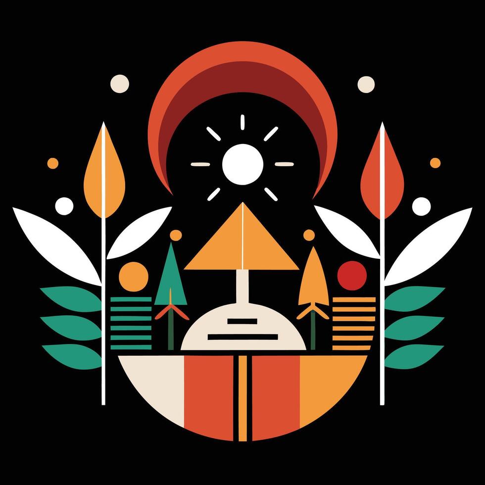 A colorful illustration of a boat with trees and sun vector