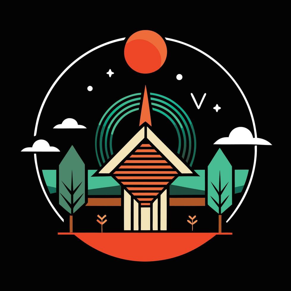 A church with a red roof and trees in the background vector