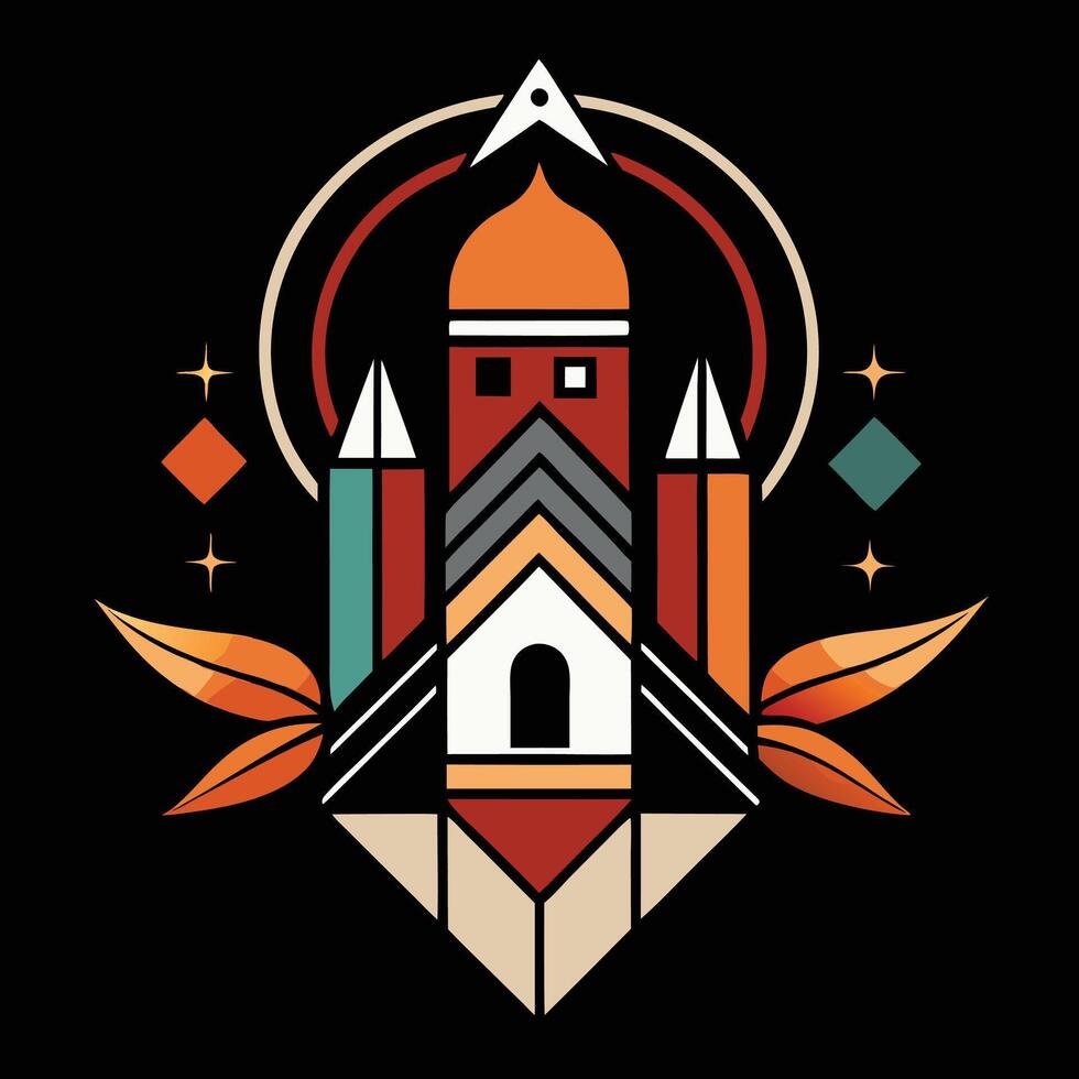 A colorful logo with a castle and a tree vector