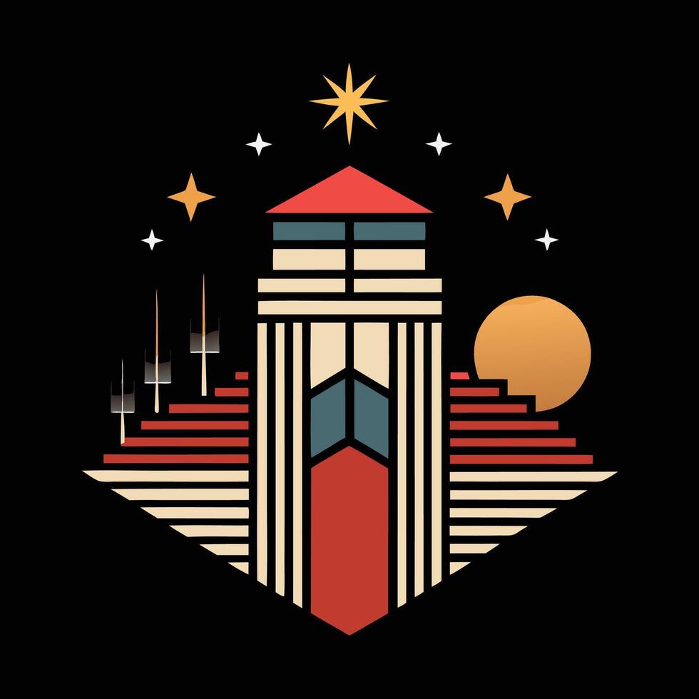 A building with a star on top and a red and white flag vector