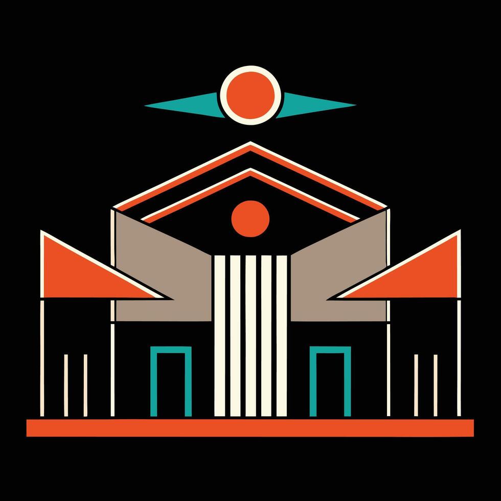 A building with a sun on top and a red and orange color scheme vector