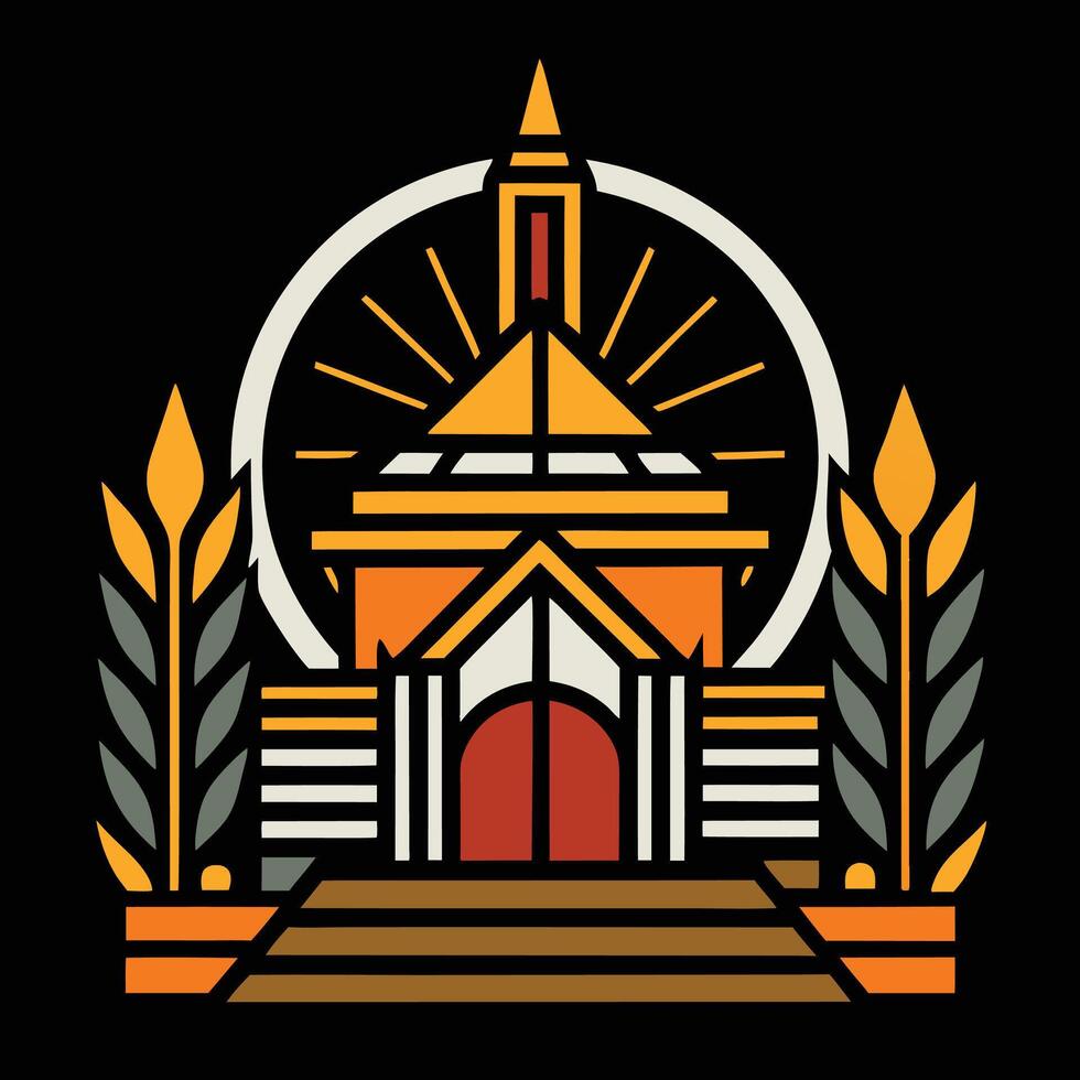 A church building with a sun and a clock vector