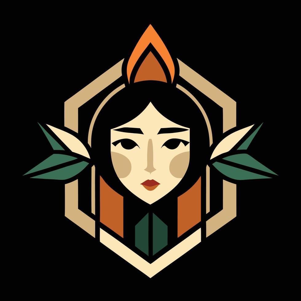 A woman with a green and orange head and a leaf on her shoulder vector