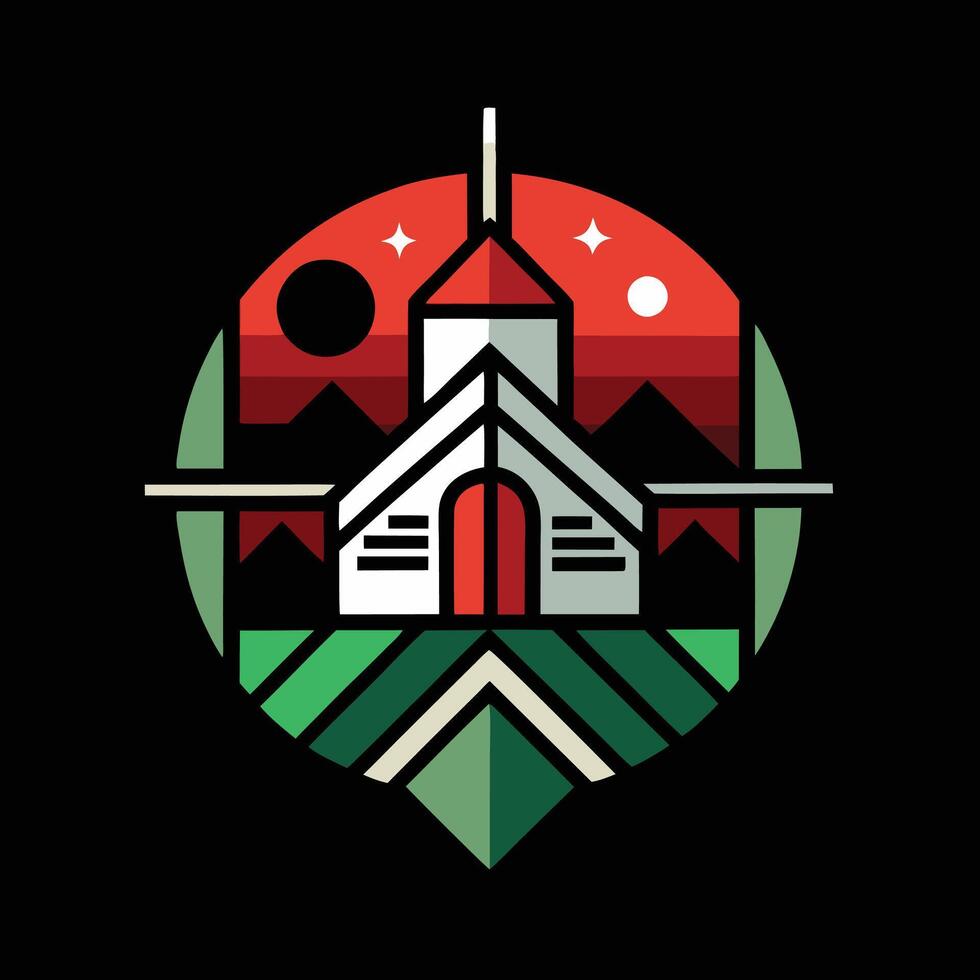 A church with a red roof and mountains in the background vector