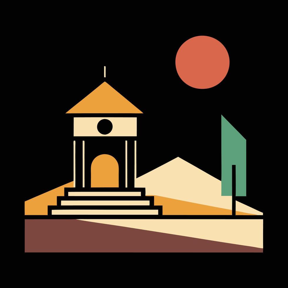 A building with a clock tower and a sun vector