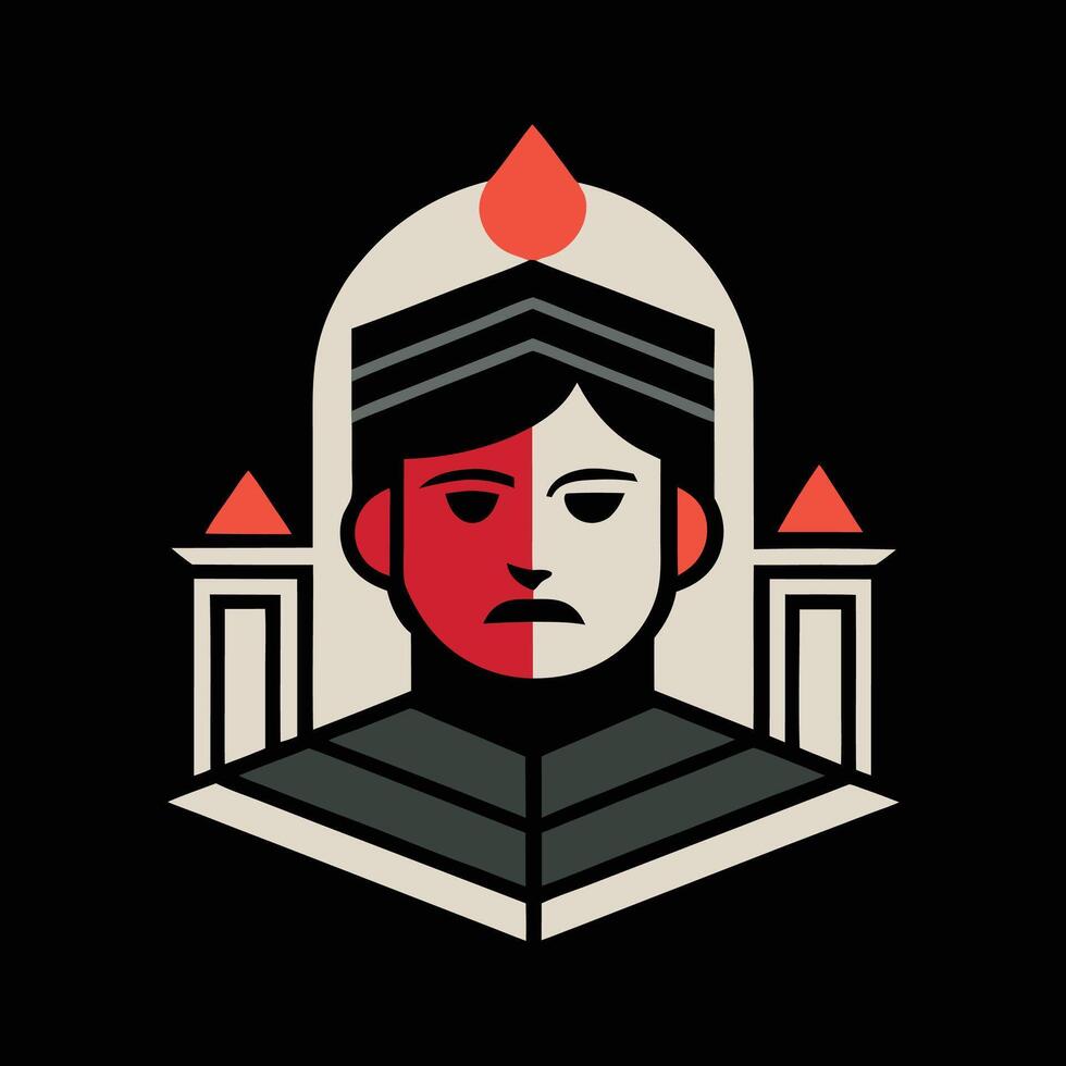 A red and black logo with a man's face vector